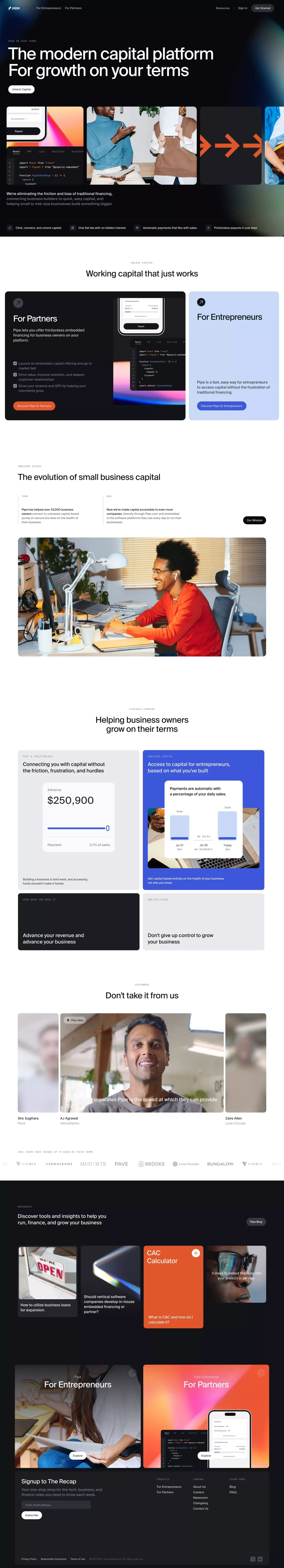 Pipe lets you turn future revenue into up-front capital - Landing design