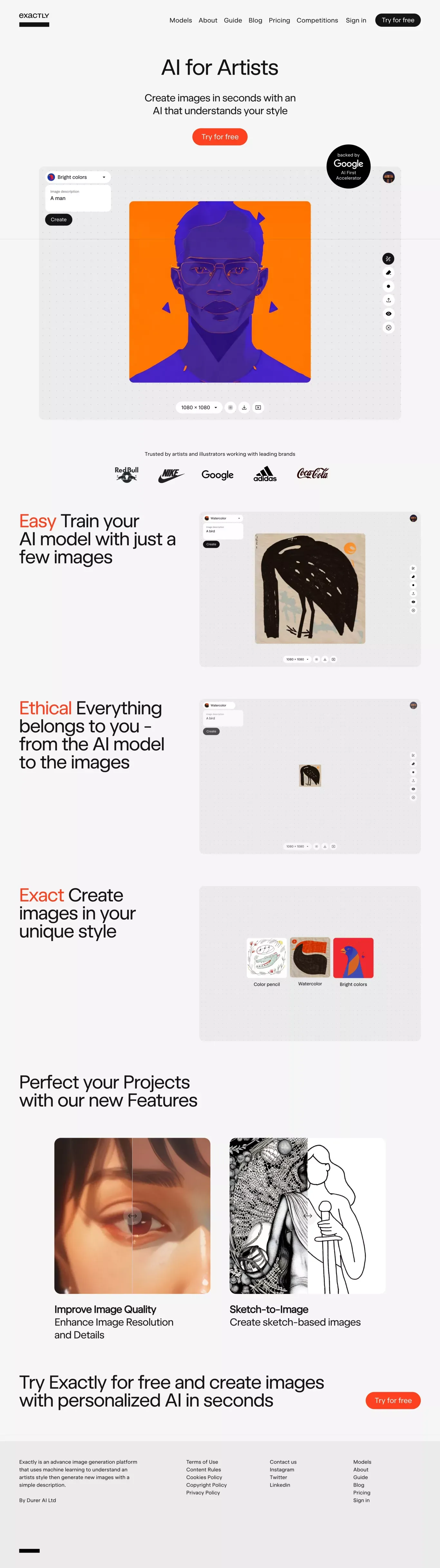 Exactly.ai (powered by Durer.ai) - Landing design