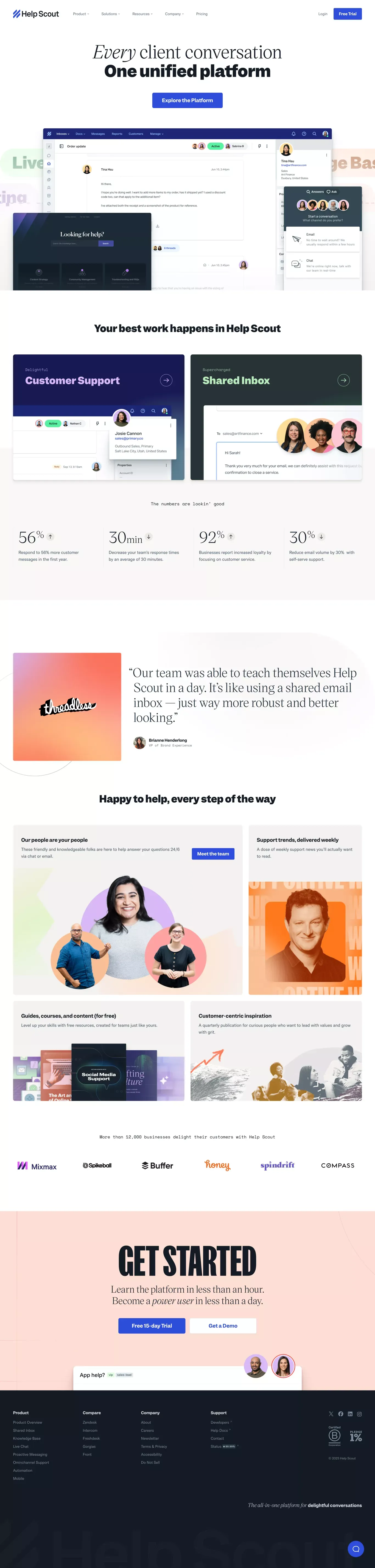 Help Scout: Shared Inbox, Help Center, & Live Chat Software - Landing design
