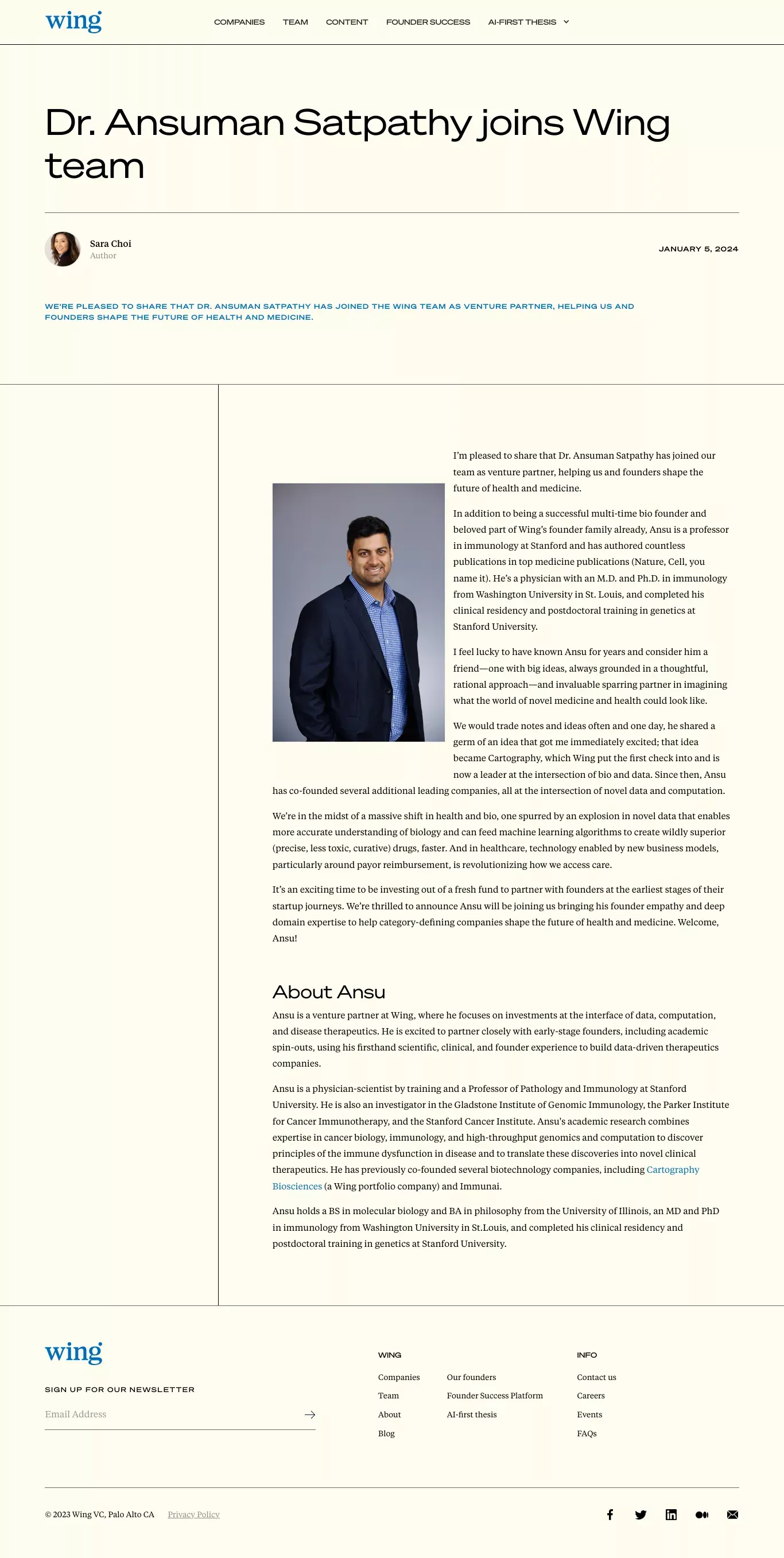 Dr. Ansuman Satpathy joins Wing team | Wing Venture Capital - Blog Post design