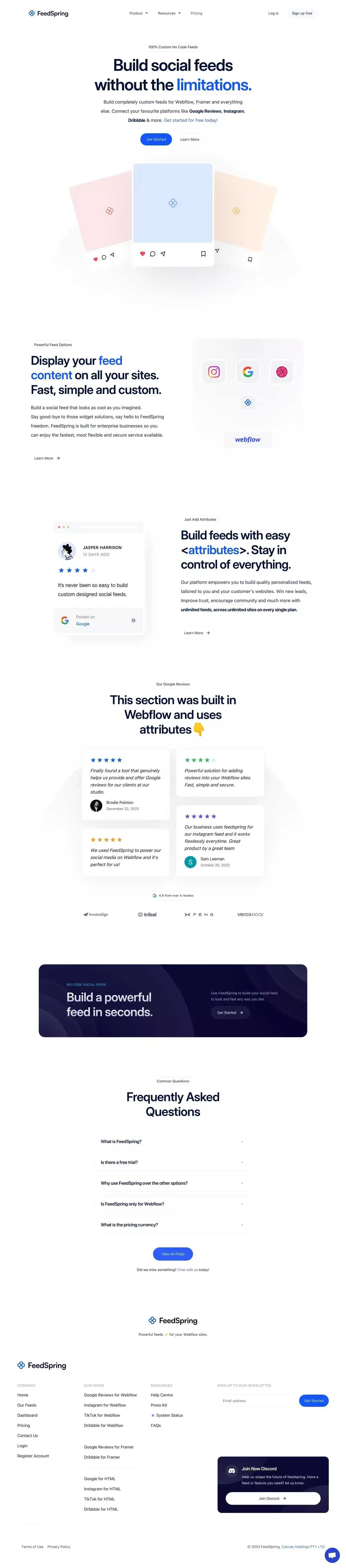 FeedSpring - 100% Custom Feeds for Webflow & Framer - Landing design