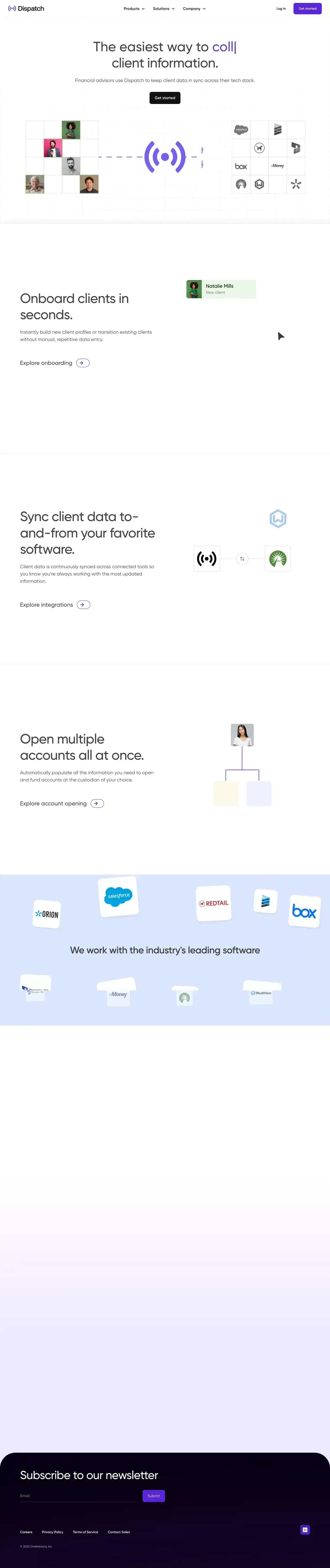 Easily collect, sync, and manage client data | Dispatch - Landing design