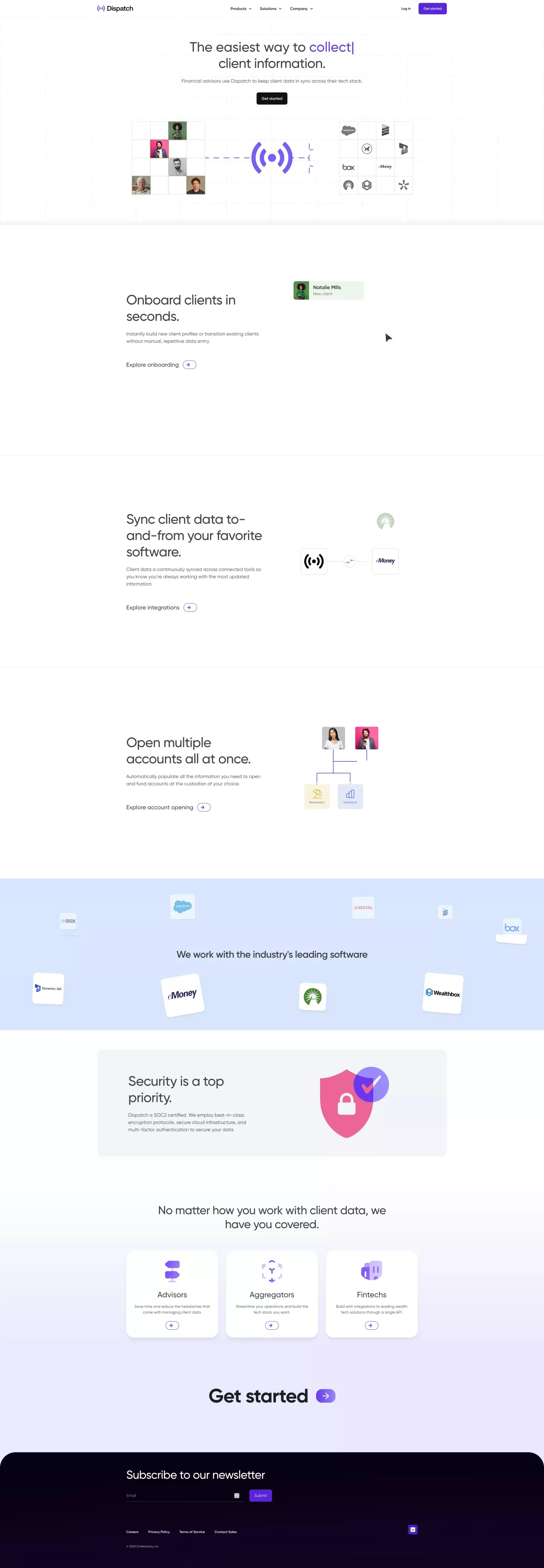 Easily collect, sync, and manage client data | Dispatch - Landing design