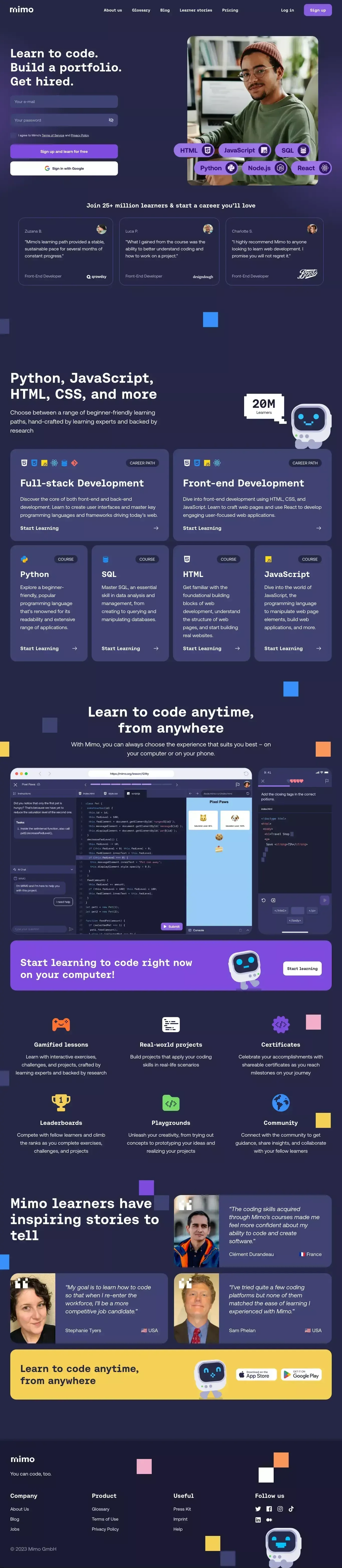 Learn to Code with Mimo: Python, JavaScript, HTML, CSS, and More - Landing design