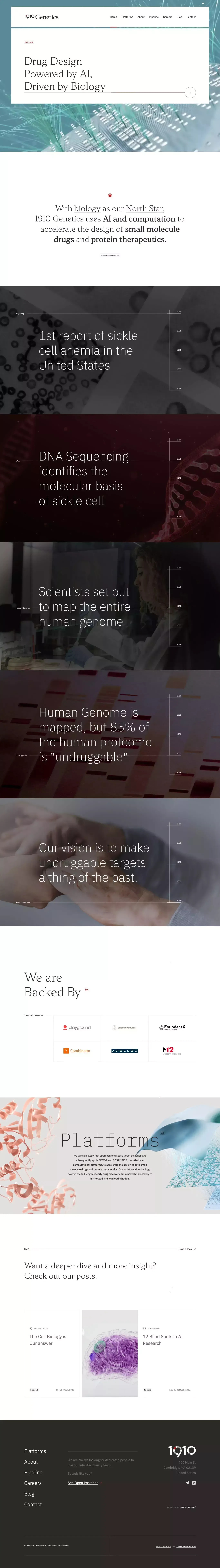 1910 Genetics — Drug Design Powered by AI, Driven by Biology - Landing design