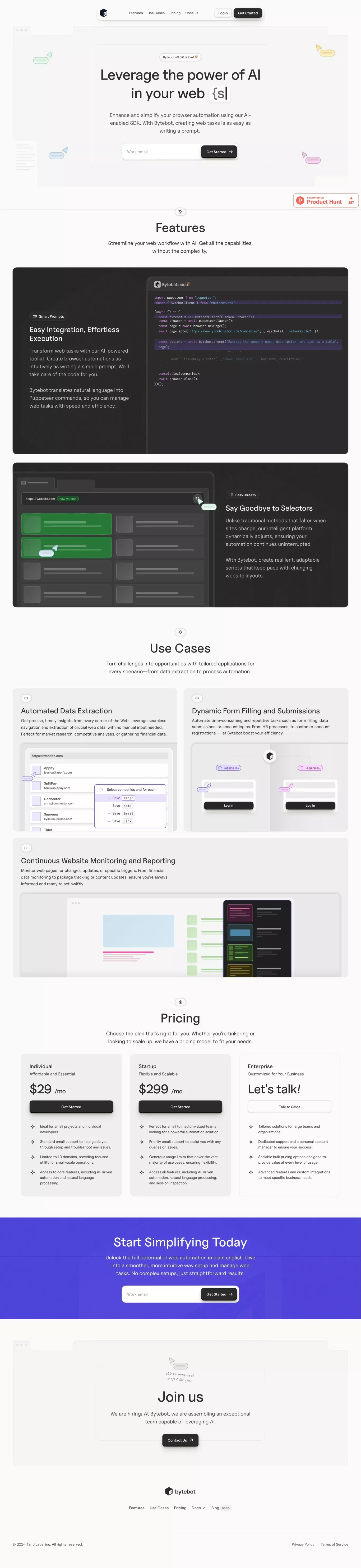 Bytebot - Leverage the power of AI in your web scraping, automation, testing and monitoring. - Landing design