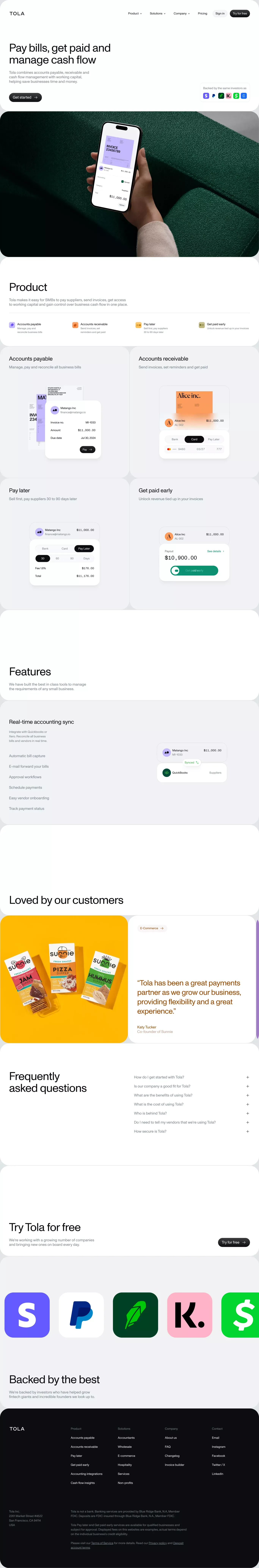 Tola - Accounts payable, accounts receivable and cash flow management - Landing design