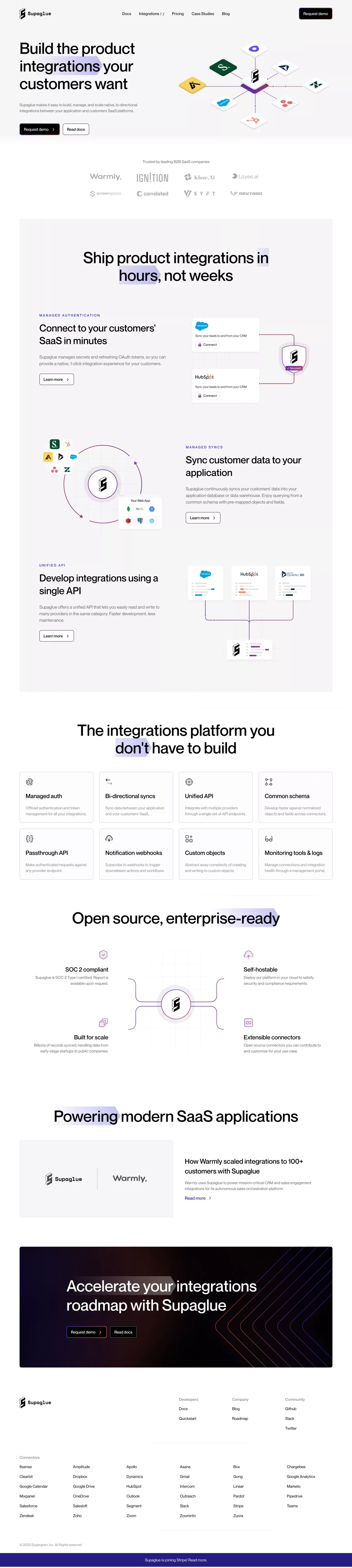 Supaglue | Product Integrations Platform | Ship the product integrations your customers want | - Landing design