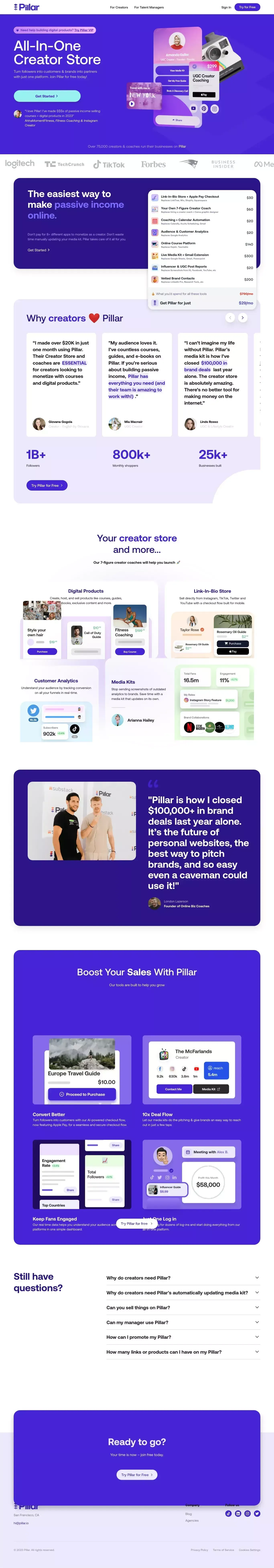 Pillar: Your All-In-One Creator Store - website design