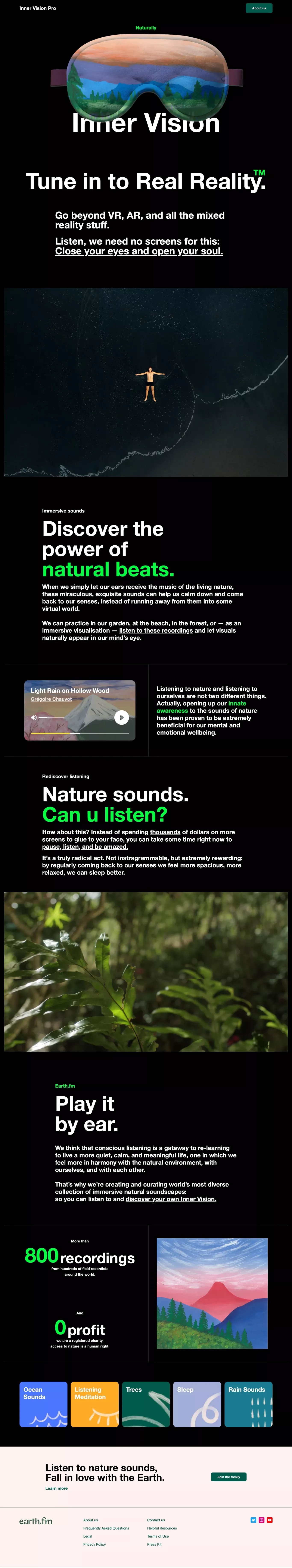 Inner Vision Pro - listen to nature sounds, fall in love with the Earth - Landing design