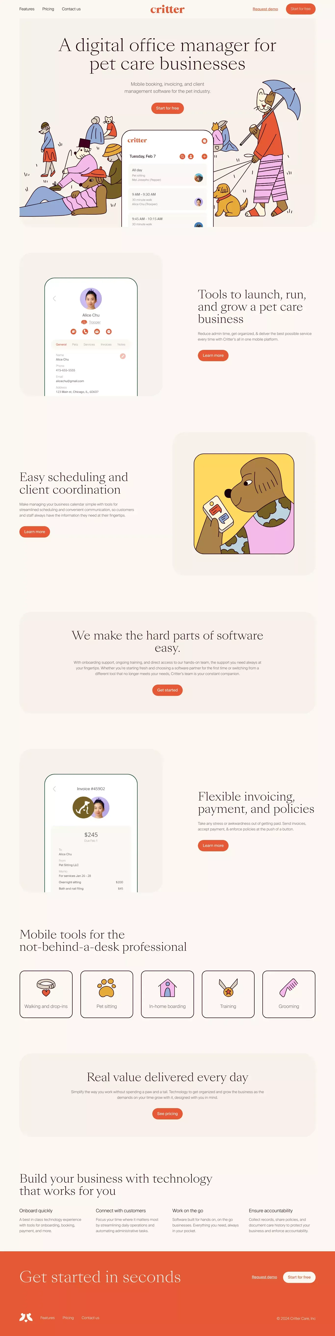Critter - The best mobile software for pet care businesses - Landing design