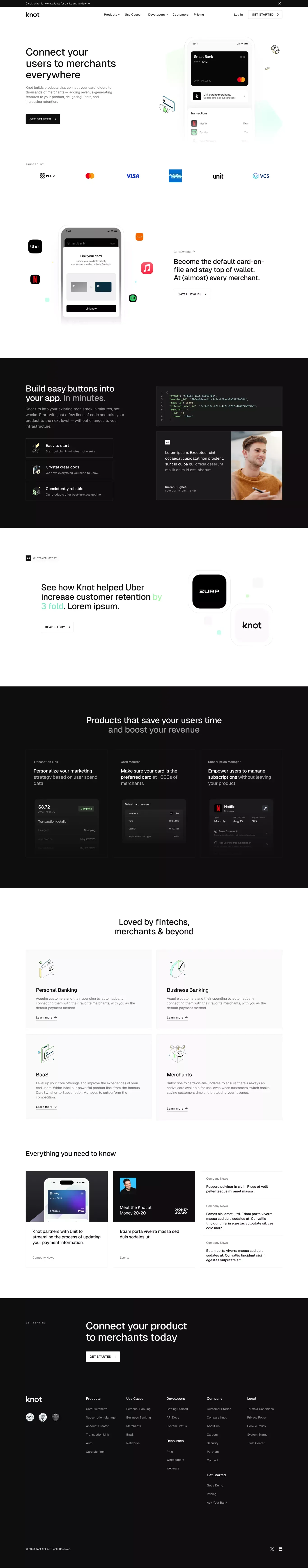 KnotAPI | Connecting your cardholders to merchants everywhere - Landing design