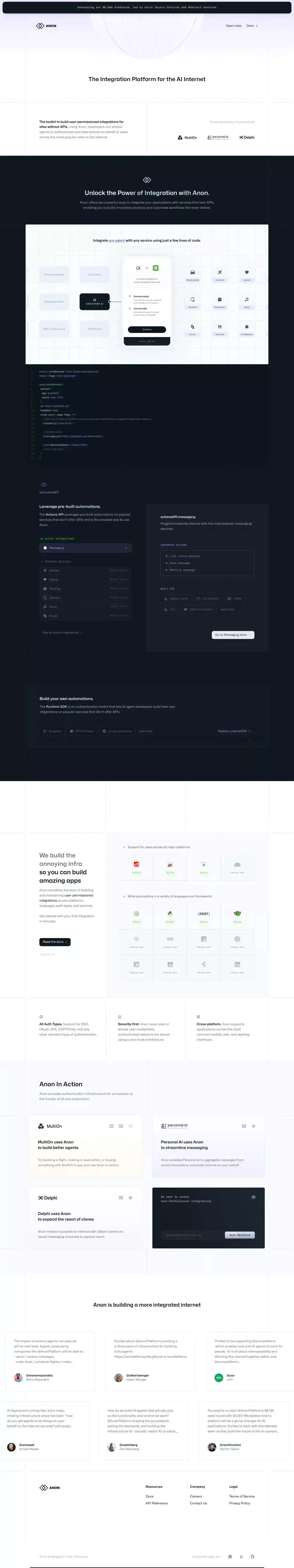 Anon | The Integration Platform for the AI Internet - Landing design