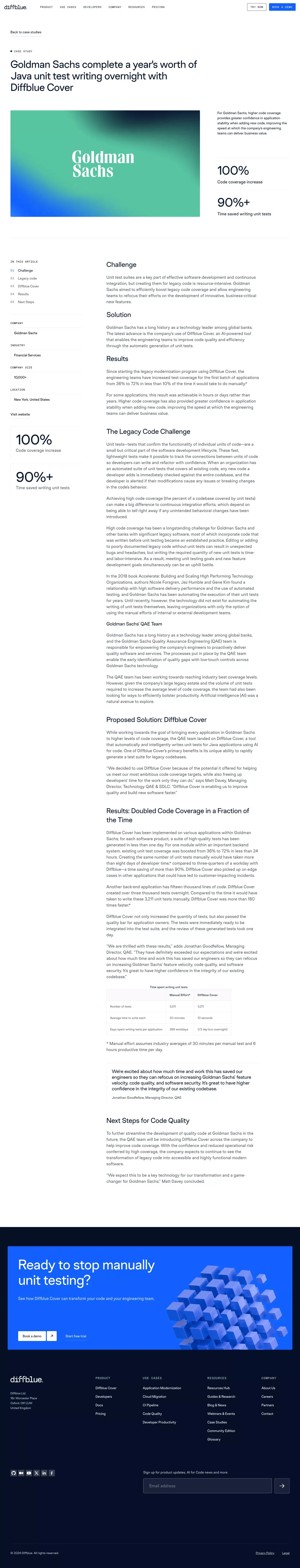 Goldman Sachs complete a year's worth of Java unit test writing overnight with Diffblue Cover - Diffblue - Case Study design