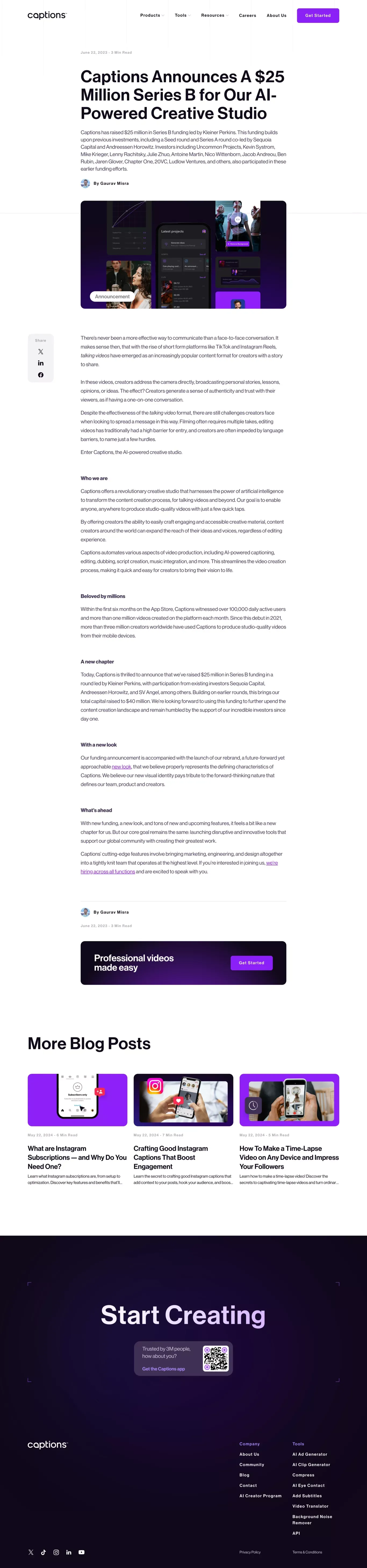 Captions - Captions Announces A $25 Million Series B for Our AI-Powered Creative Studio - Blog Post design