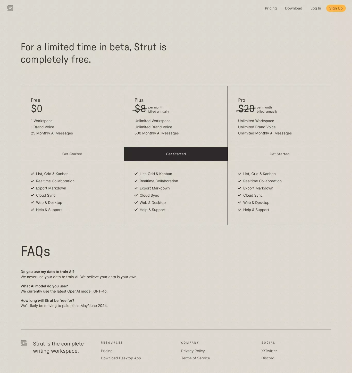 Strut – Plans & Pricing - Pricing design