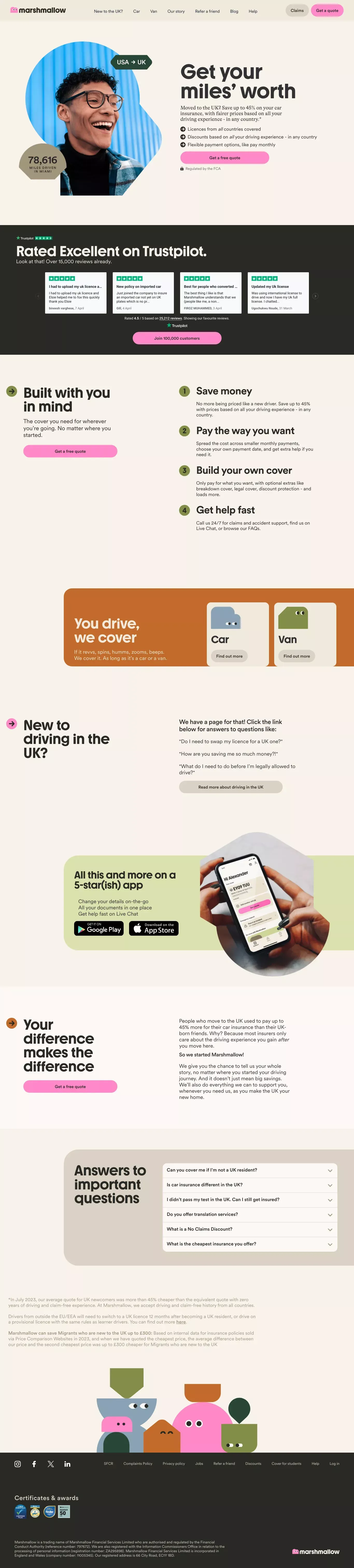 Find Cheap Driving Insurance for UK Newcomers | Marshmallow - Landing design