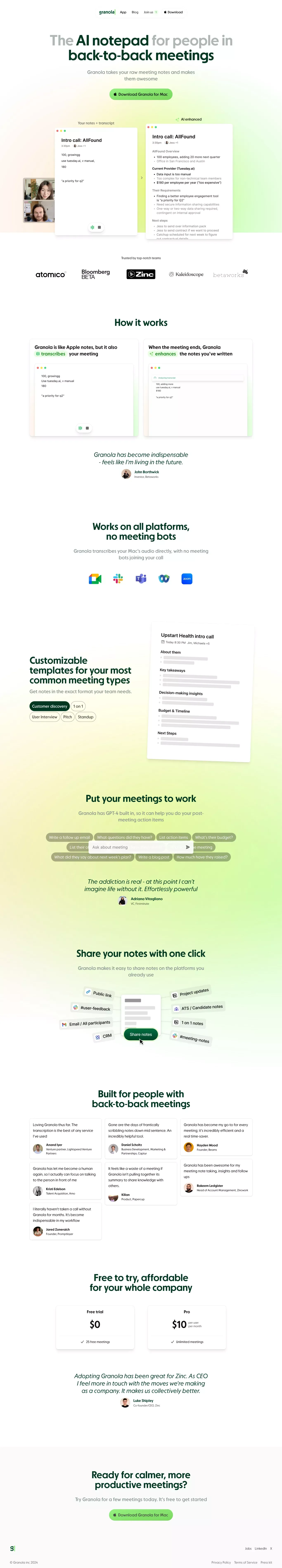 Granola — The AI Notepad for meetings - Landing design