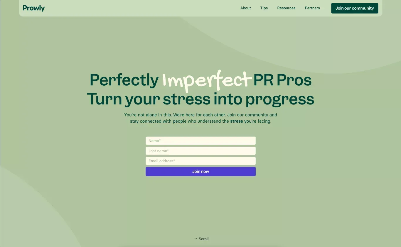 Perfectly Imperfect PR Pros: Turn Your Stress into Progress with Prowly - Landing design