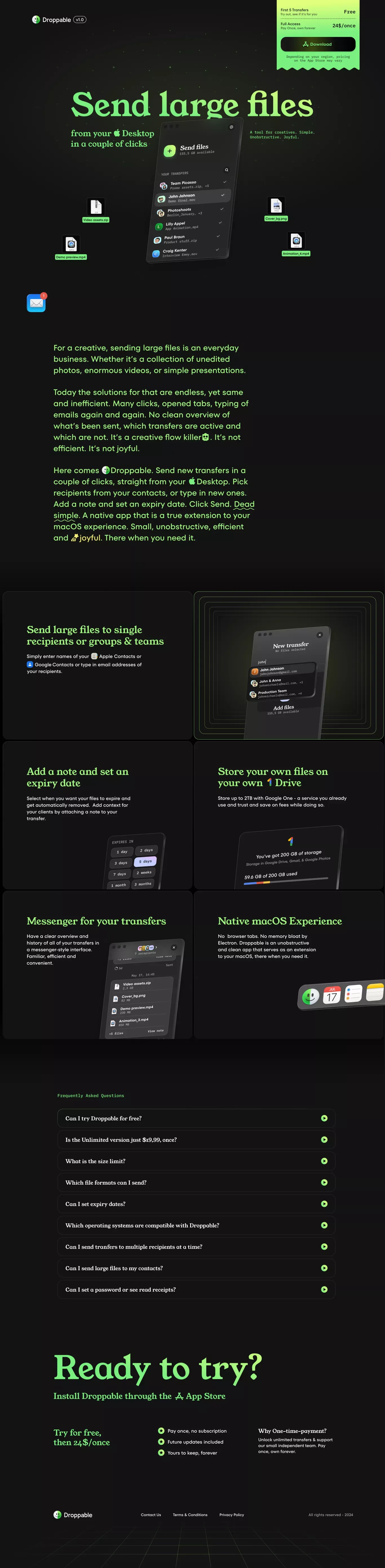 Droppable - Send large files from your Mac Desktop - Landing design