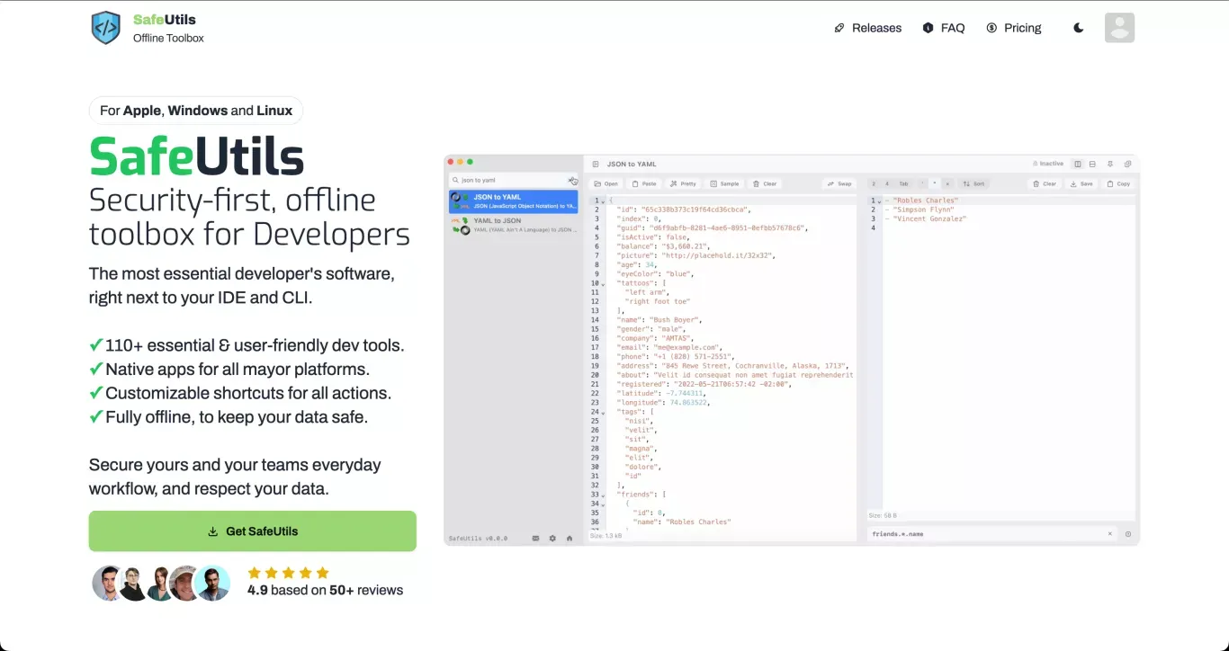 SafeUtils - Security-first, offline toolbox for Developers - SafeUtils - Product page design