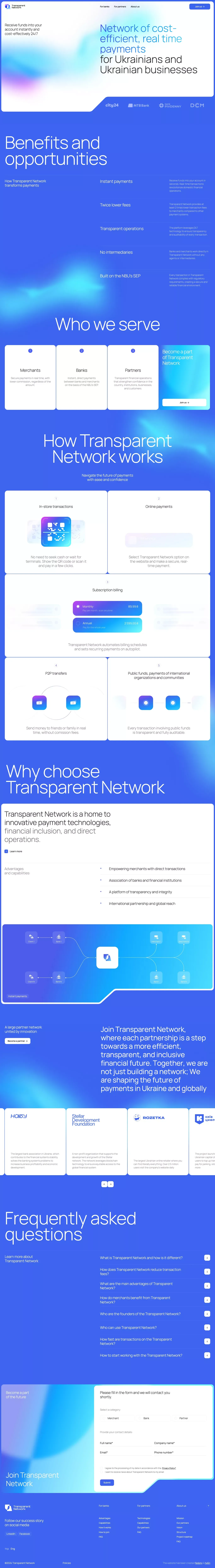 Real time payments 24/7 with Transparent Network - Landing design