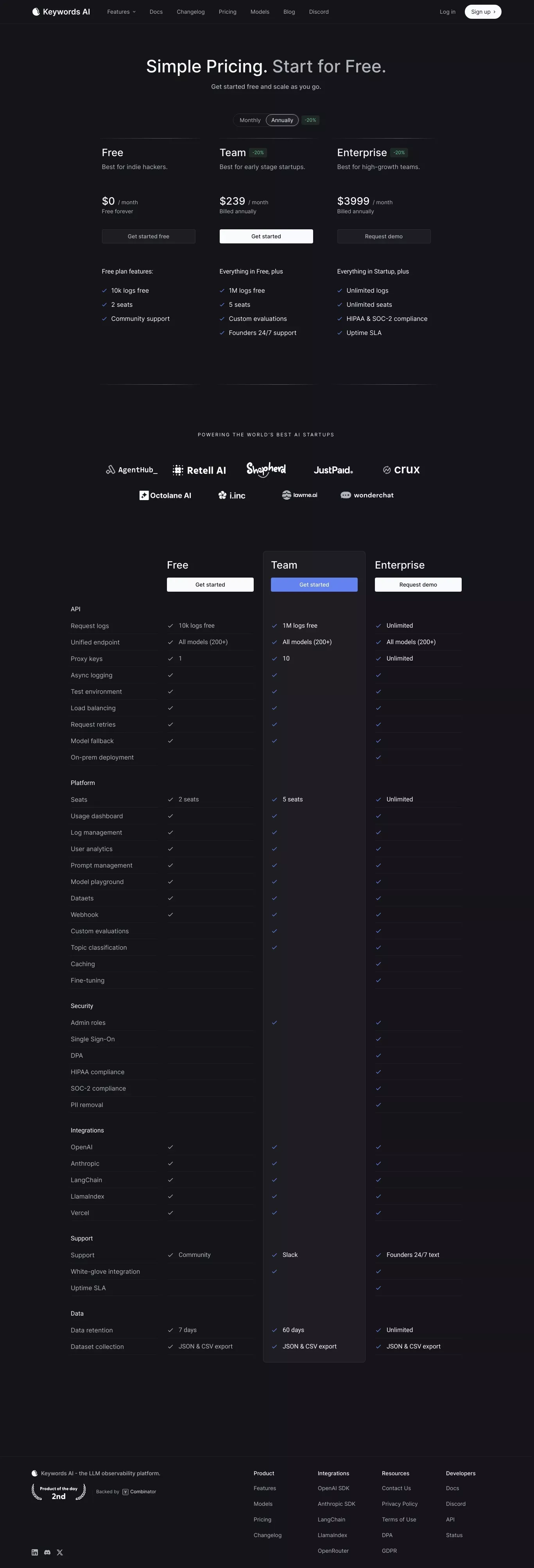Keywords AI | Unified DevOps platform to build AI applications - Pricing design