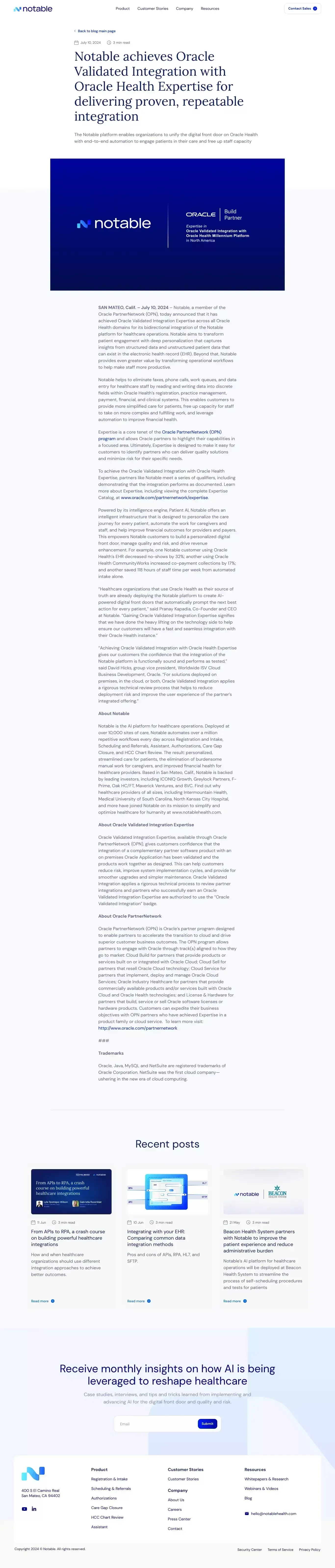Notable achieves Oracle Validated Integration with Oracle Health Expertise for delivering proven, repeatable integration - Blog Post design