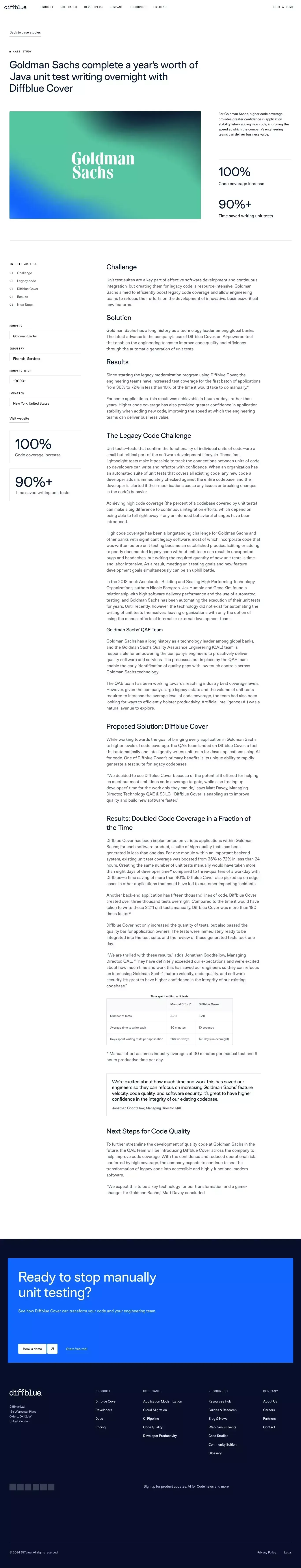 Goldman Sachs complete a year's worth of Java unit test writing overnight with Diffblue Cover - Diffblue - Case Study design