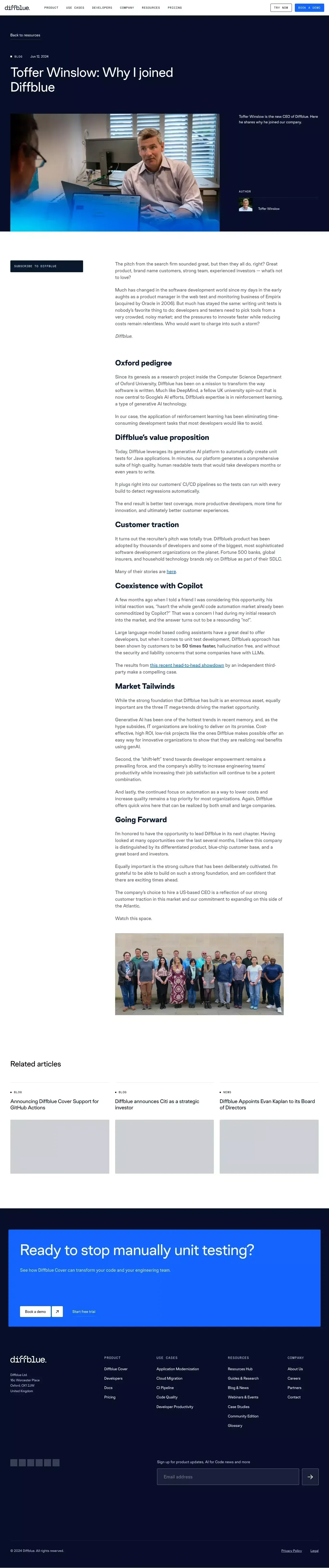 Toffer Winslow: Why I joined Diffblue - Diffblue - Blog Post design