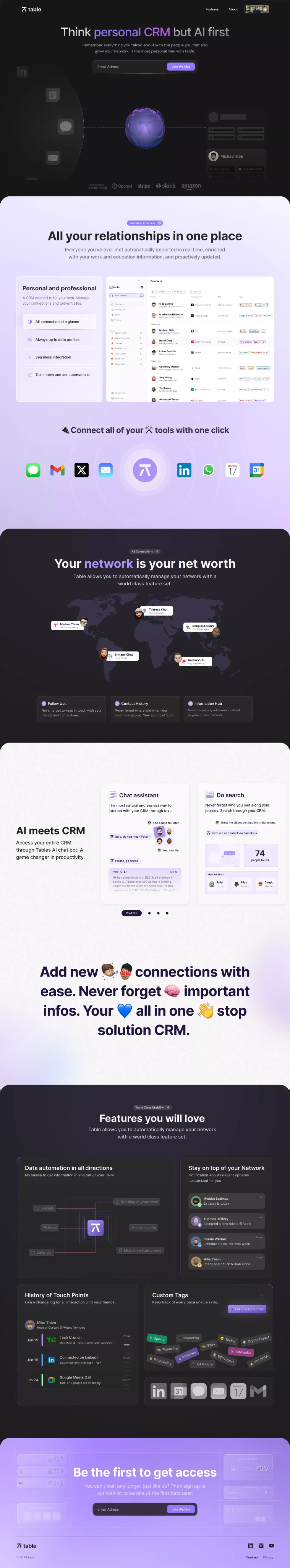 table - Think personal CRM but AI first - Landing design
