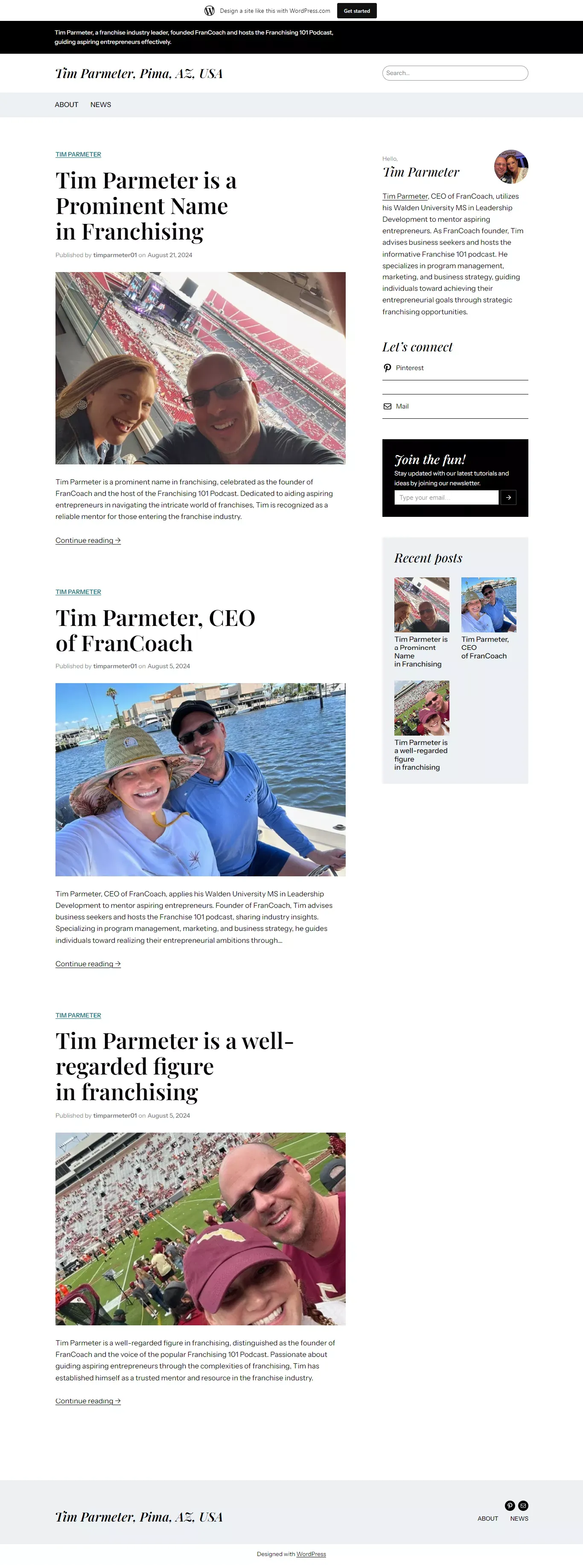 Tim Parmeter, Pima, AZ, USA – Tim Parmeter, CEO of FranCoach, leverages his Walden University MS in Leadership Development to empower aspiring entrepreneurs. - Blog design