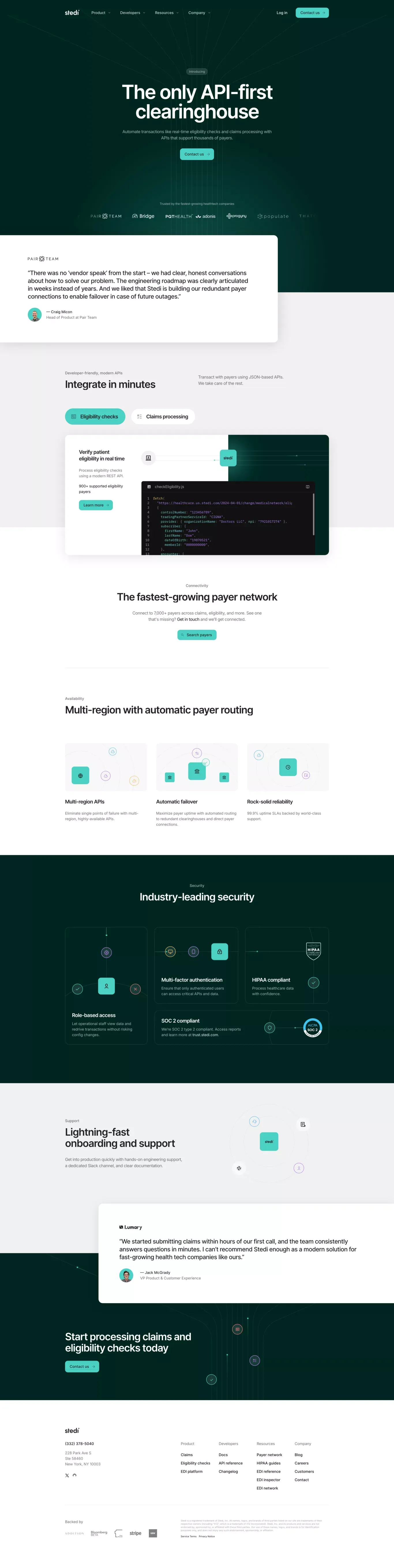Stedi - The only API-first clearinghouse - Landing design