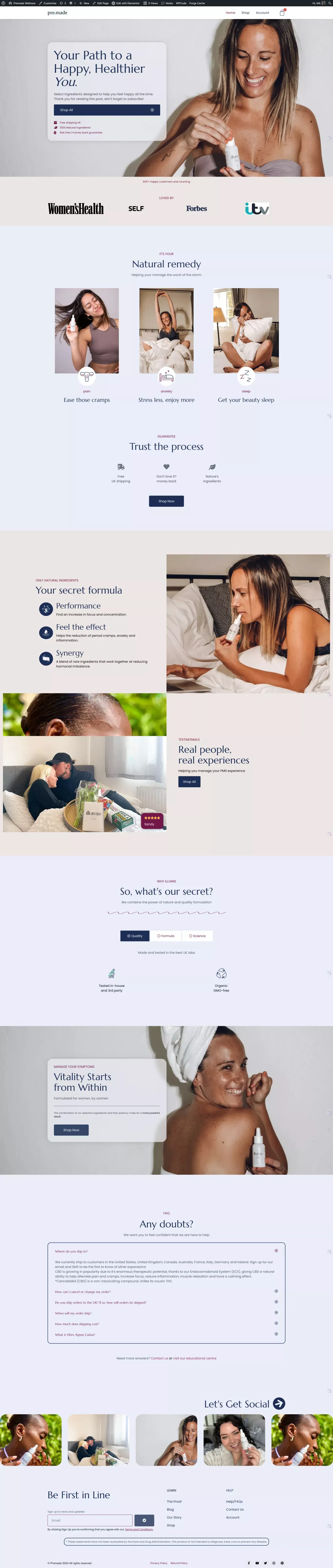 Premade Wellness – Premade Wellness is a Elementor Pro Template for a woman wellness brand - Ecommerce design
