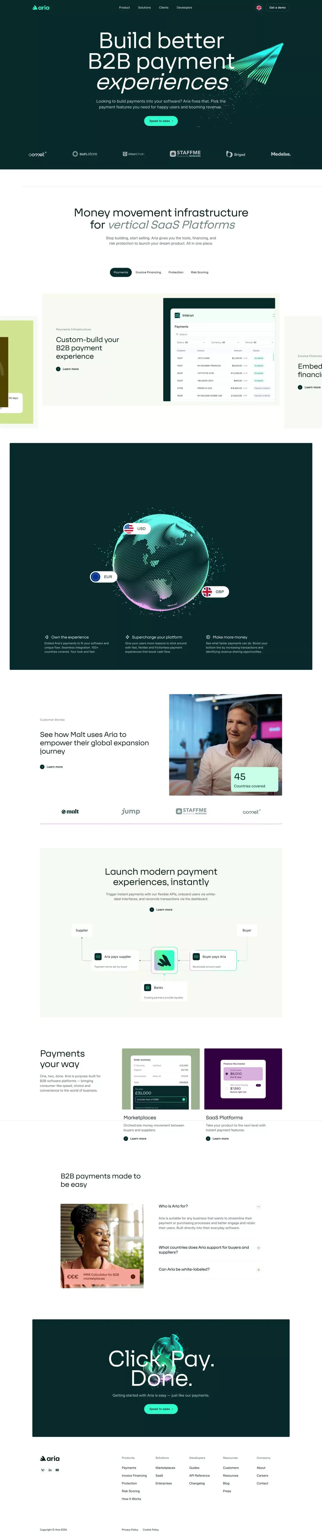 Aria – Build better B2B payment experiences - Landing design