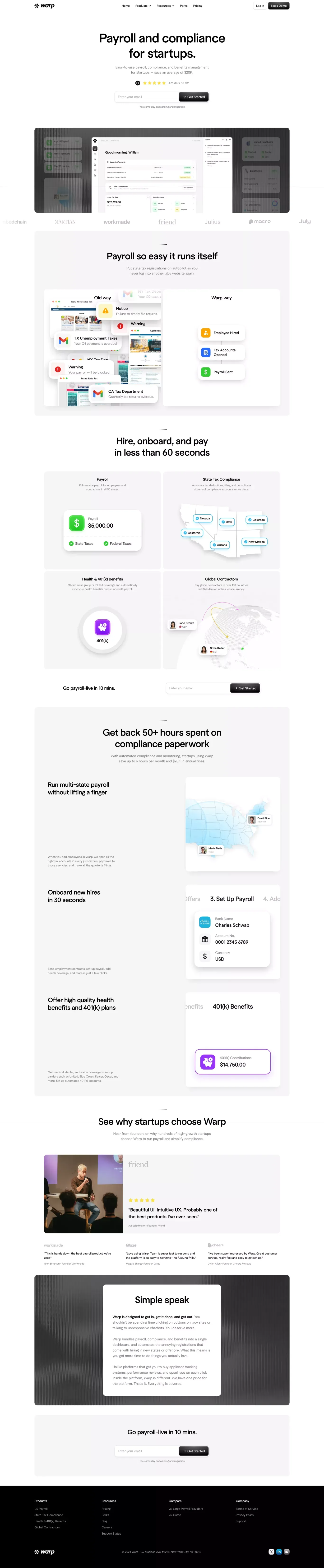 Warp | Payroll and Compliance for Startups - Landing design
