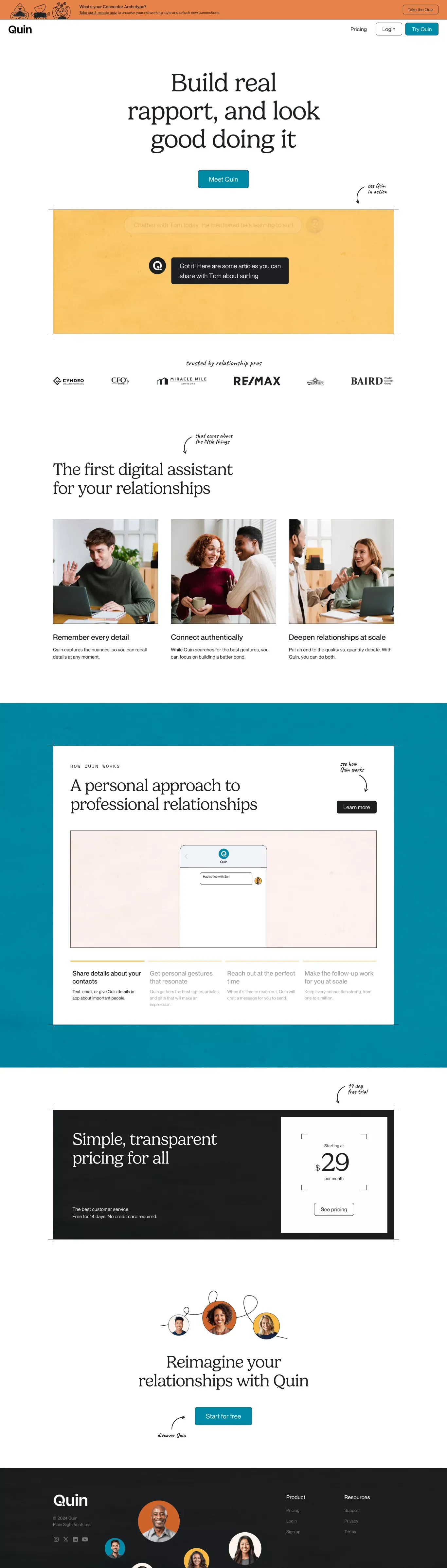 Quin — Your digital assistant for better connections - Landing design