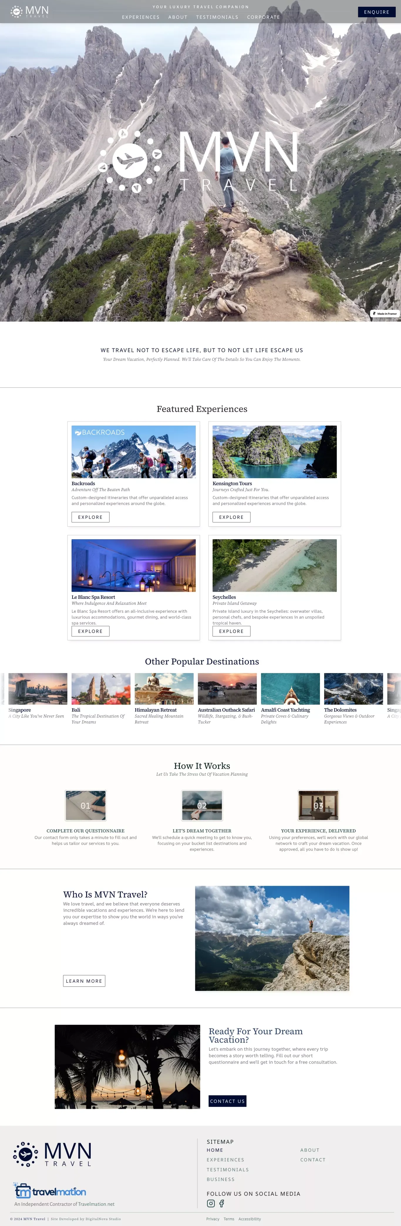 MVN Travel | Luxury Travel Experiences - Landing design