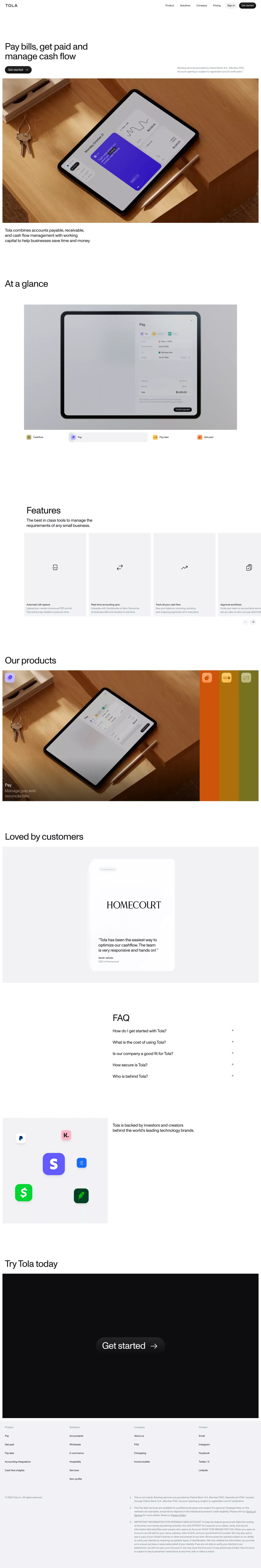 Tola - Accounts payable, accounts receivable and cash flow management - Landing design