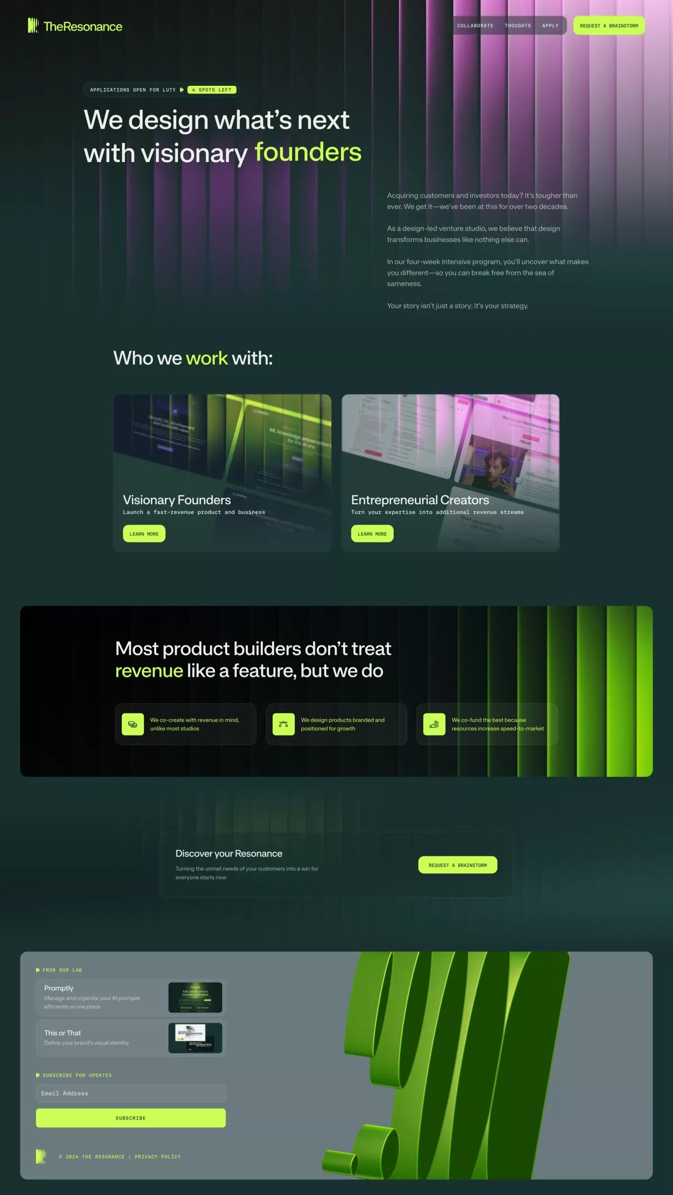 The Resonance | A design-led Venture studio for entrepreneurs - Landing design