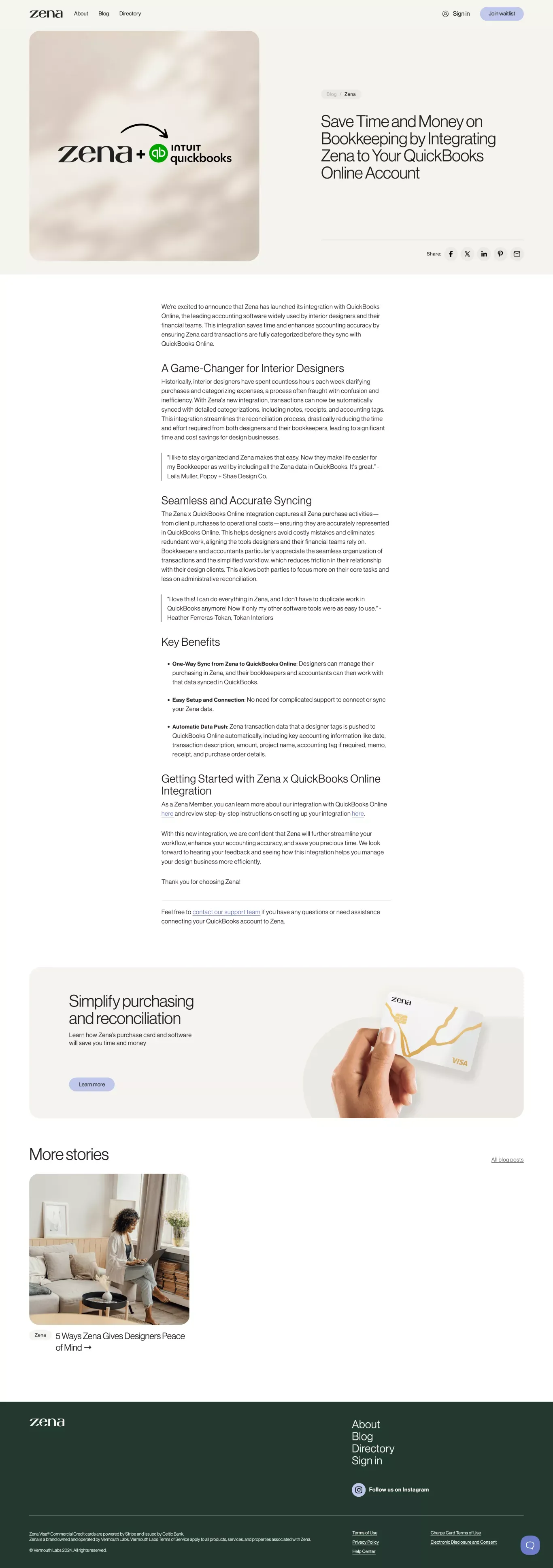 Save Time and Money on Bookkeeping by Integrating Zena to Your QuickBooks Online Account - Blog Post design