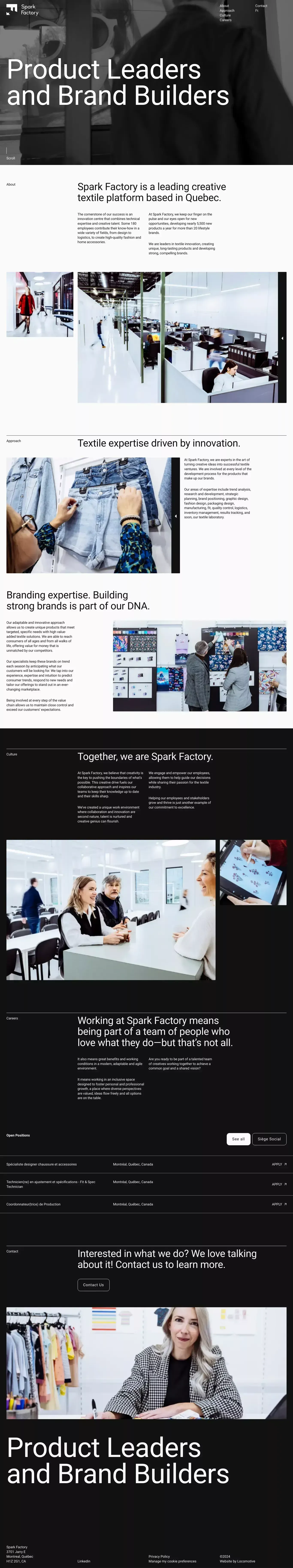 Spark Factory | Leading apparel fashion and decor manufacturer in Quebec | Spark Factory - Landing design