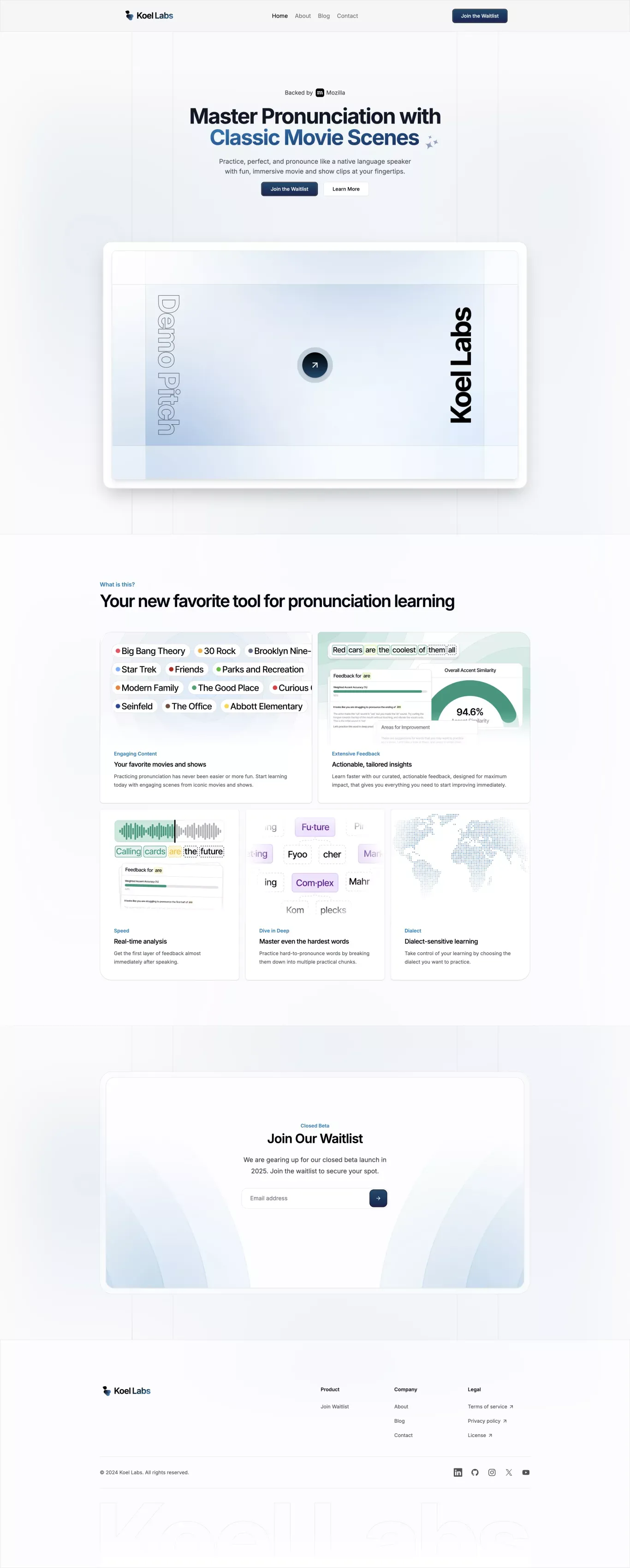 Koel Labs - Your new favorite tool for pronunciation learning - Landing design