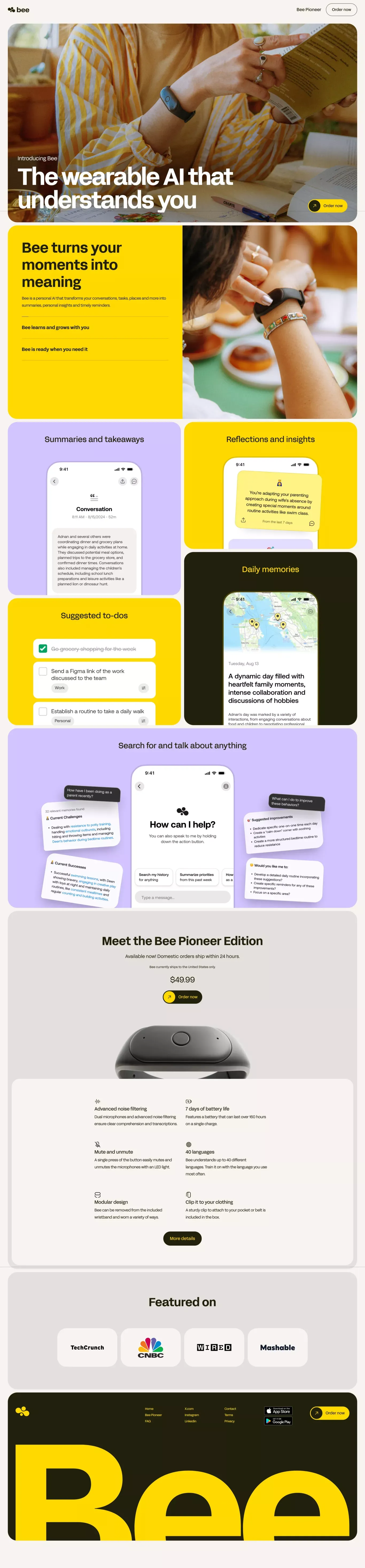 Bee - Your new wearable personal AI - Landing design