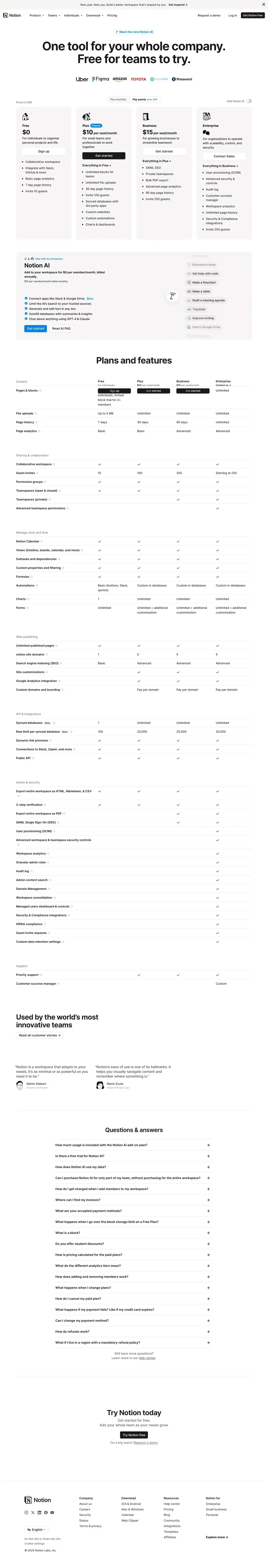 Notion Pricing Plans: Free, Plus, Business, Enterprise, & AI. - Pricing design
