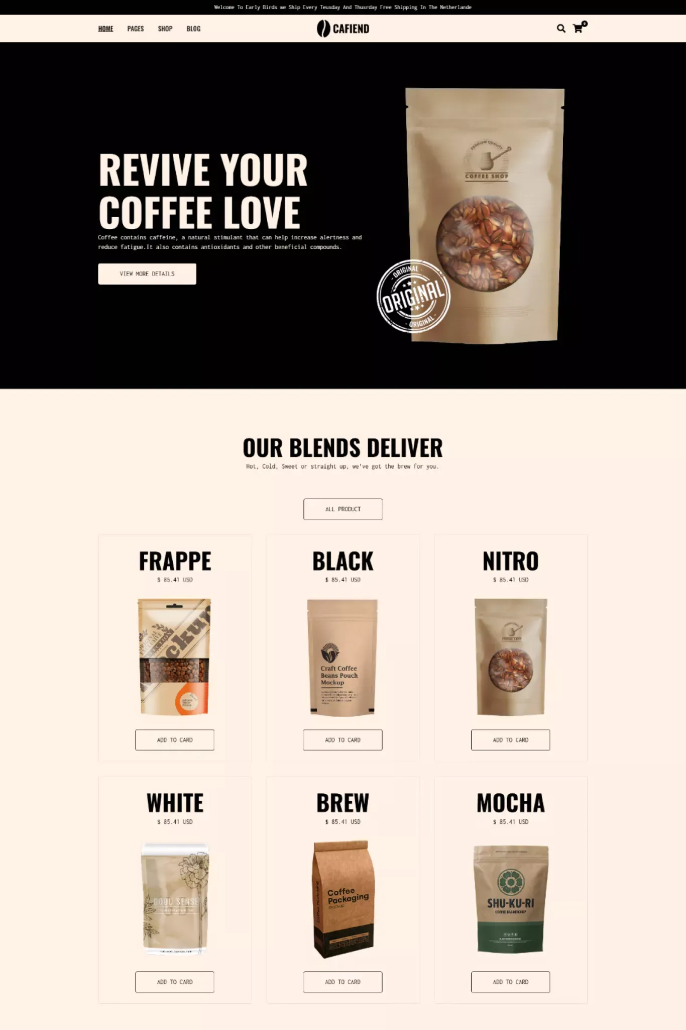 Cafiend Website Page Template for Webflow - Template design
