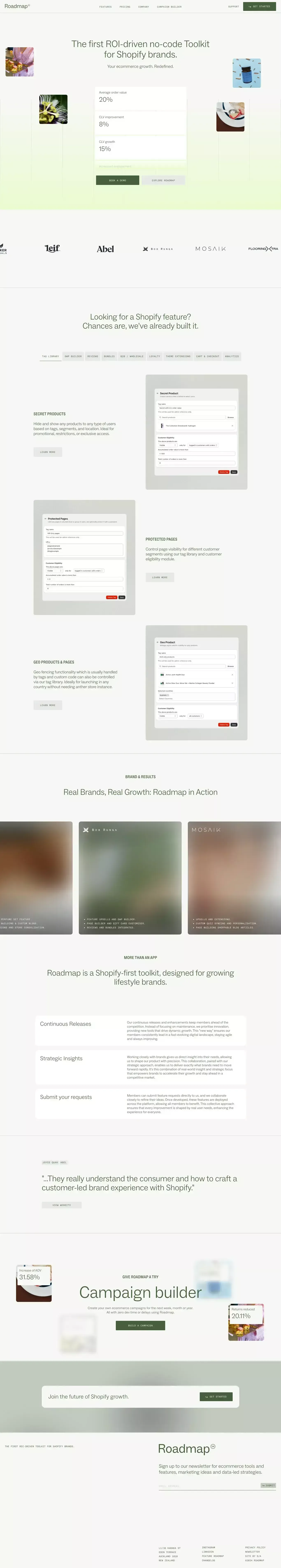 Roadmap | The first ROI-driven Toolkit for Shopify brands. - Landing design