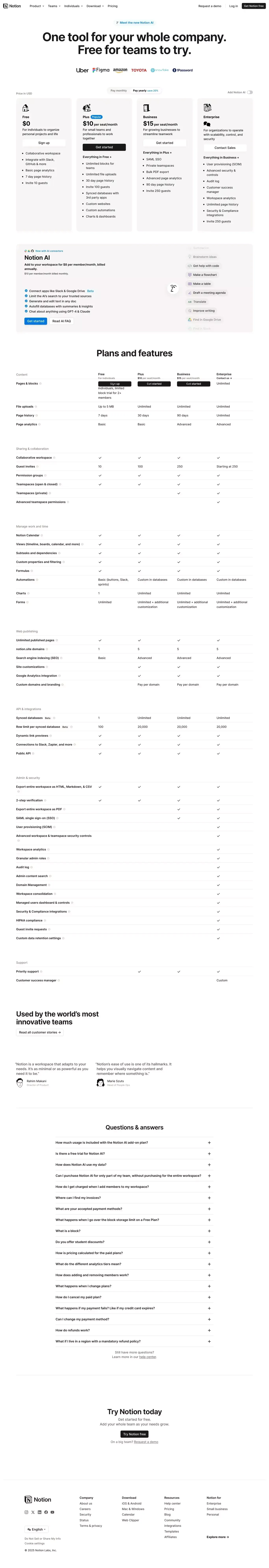 Notion Pricing Plans: Free, Plus, Business, Enterprise, & AI. - Pricing design