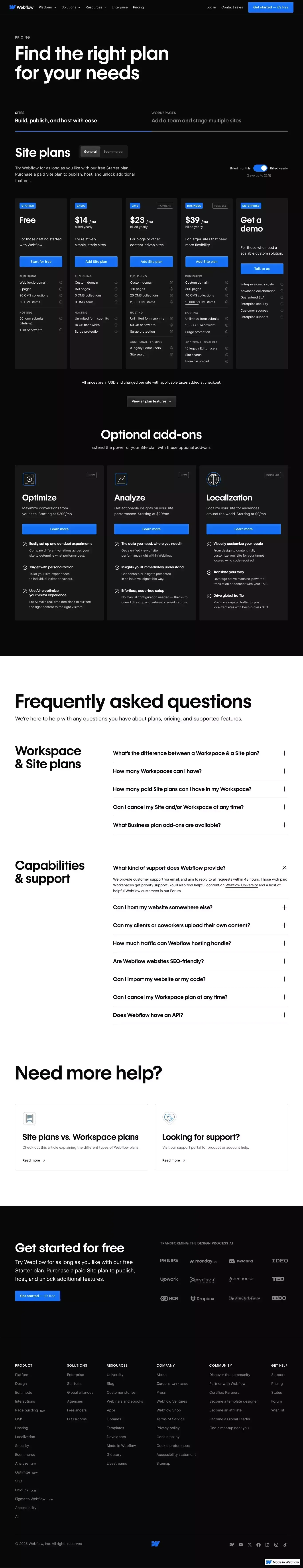 Plans & pricing | Webflow - Pricing design