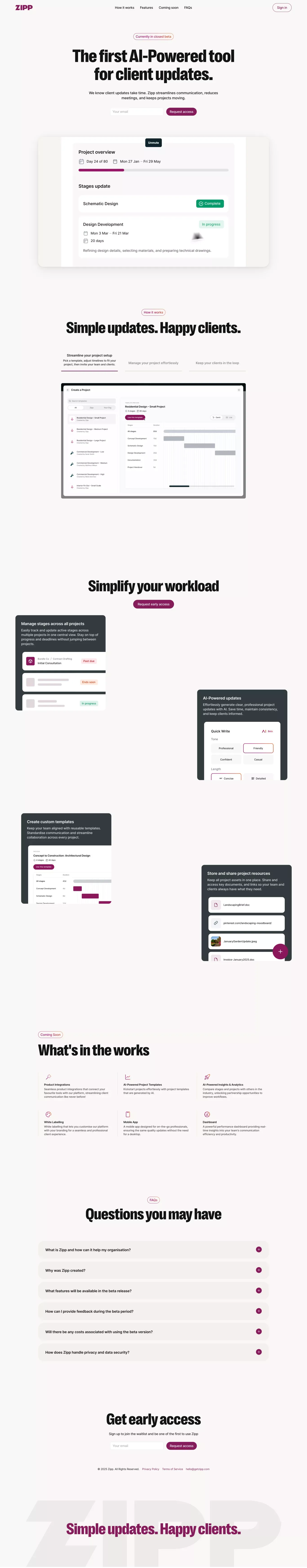 Zipp | Simple updates, happy clients - Landing design